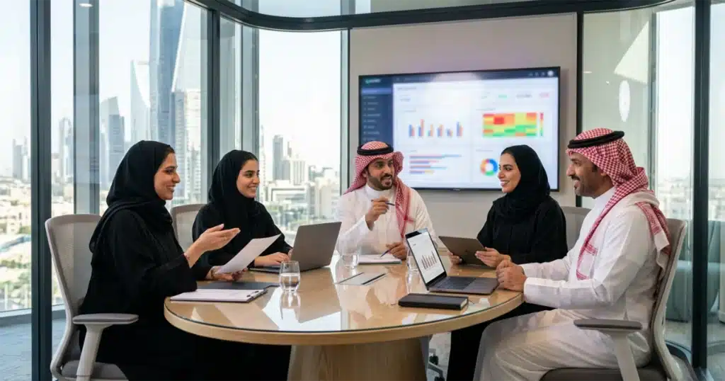 what Saudi employers need from an HRMS beyond payroll, including employee records, attendance, leave, self-service, documents, reporting, and workforce planning